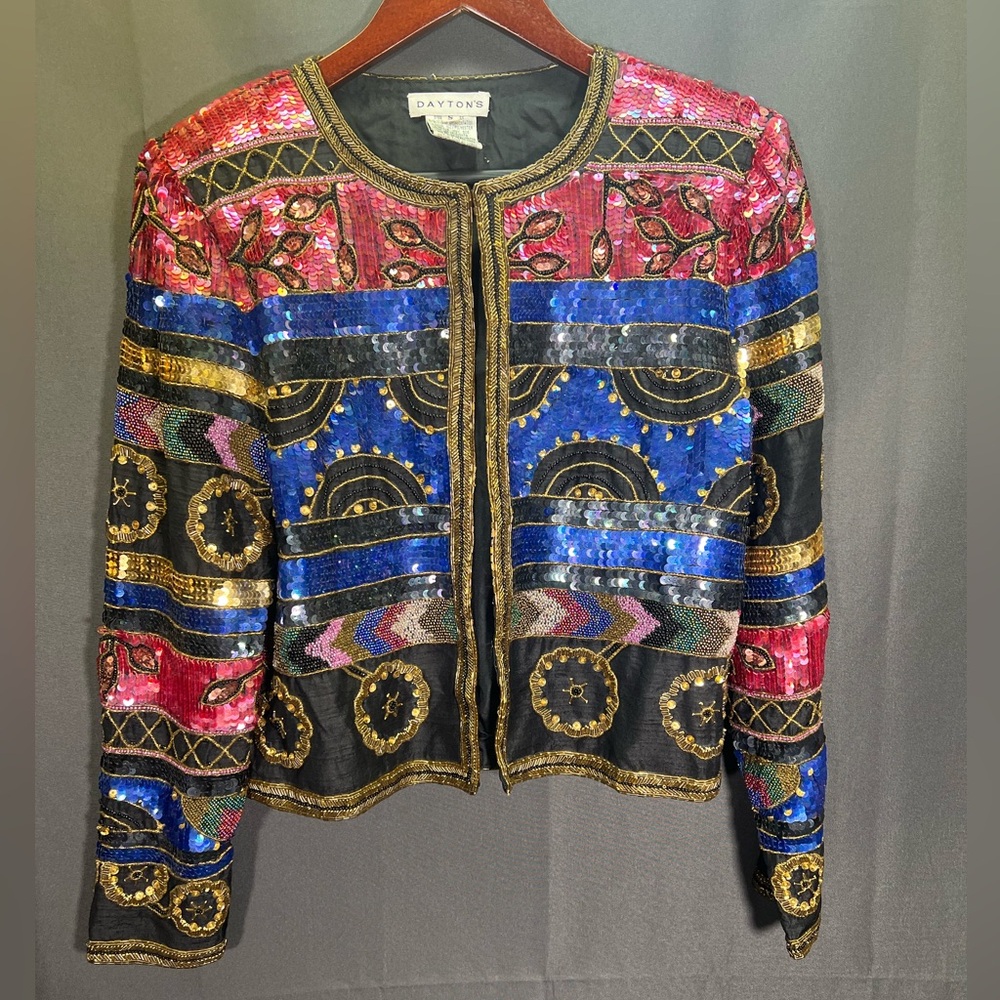 Vintage 80'a Dayton’s Evenings, Black Sequin Geometric Pattern, Silk Jacket, S